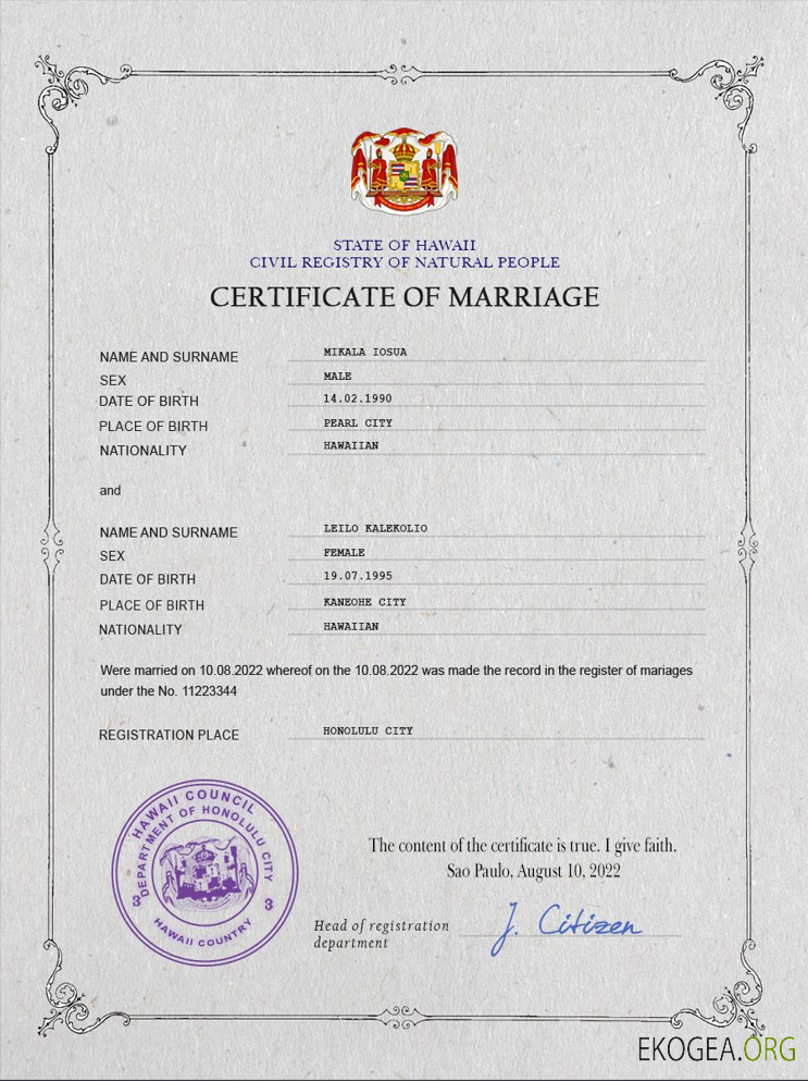 Modèle PSD de certificat de mariage à Hawaï